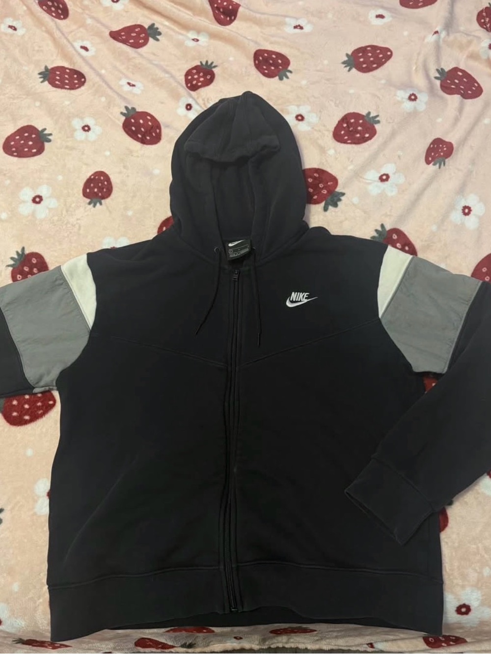 Nike Women's Black Zip Hoodie with Gray and Cream Shoulder Panels